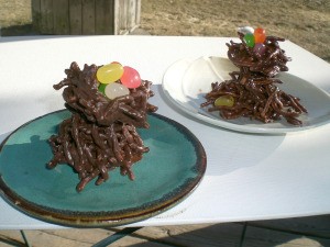 Homemade candy trees with nests and jelly bean eggs.