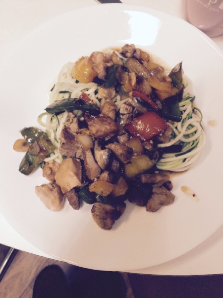 stir fry served over spiralized zucchini