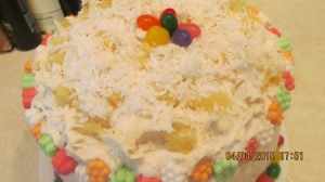 A close up of the coconut pineapple cake