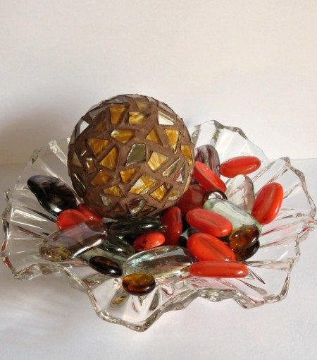 mosaic ball on glass dish with decorative beads