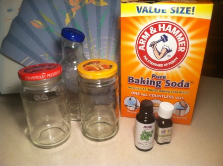 Baking soda, essential oils and recycled jars.