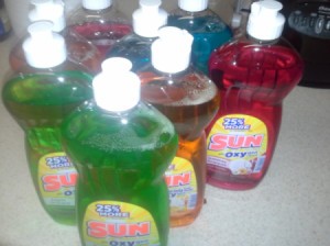 Bottles of dish soap on sale.