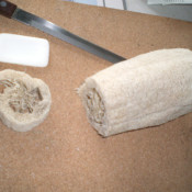 cut luffa sponge and bar of soap