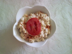 A dish of mock tuna salad with garbanzo beans