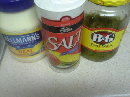 Mayo, salt and relish for the tuna macaroni salad.