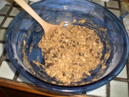 Mixing the cookie batter in a bowl.