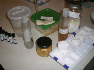 Containers filled with homemade cleaning supplies