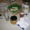 Containers filled with homemade cleaning supplies