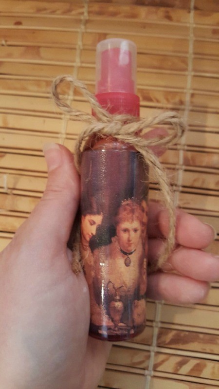 Spray bottle filled and decorated.