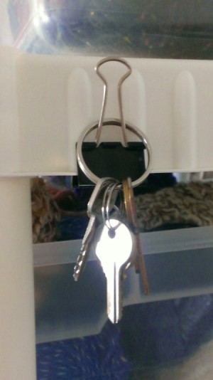 Keys hanging from a binder clip.