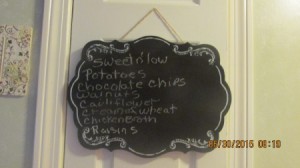 A shopping list written on a chalkboard.