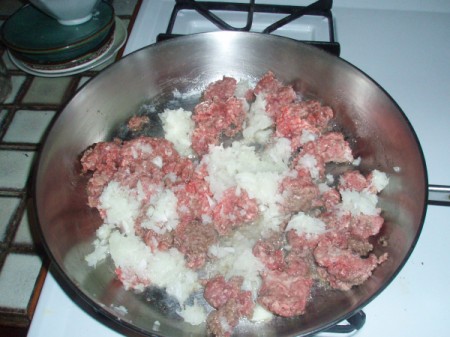 beef  and onion in pan