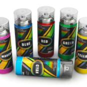 Cans of spray paint in various colors.