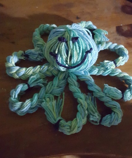 Yarn Octopus Doll - finished blue octopus with eyes and mouth