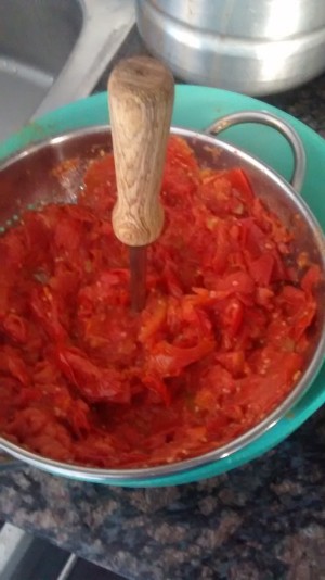 smashing tomatoes through colander