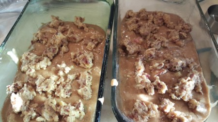 batter in baking pan with topping