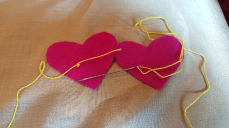 Felt Heart Bookmark - two felt hearts and thread