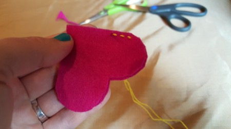 Felt Heart Bookmark - sewing the hearts together