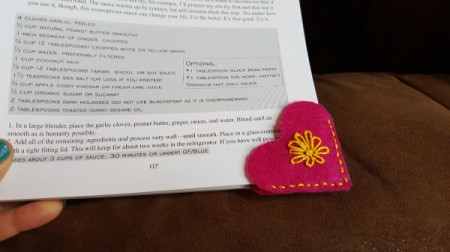 Felt Heart Bookmark - the completed heart on a book page
