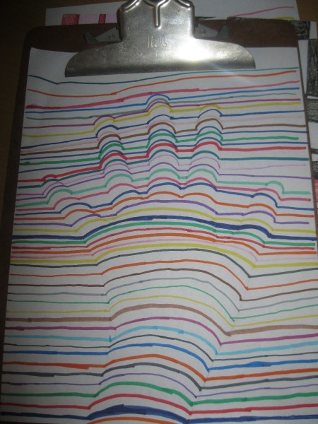 Lines drawn over a traced handprint for a 3D effect.