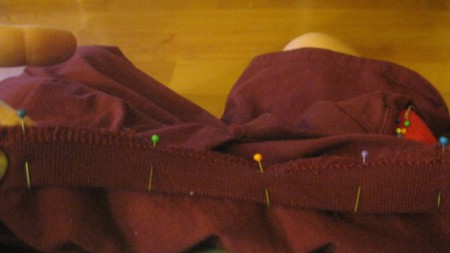 Replacing the collar on a newly altered t-shirt.