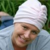 woman wearing a fleece chemo turban