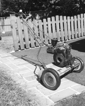 black and white photo of mower