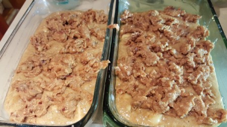 topping on batter in pan