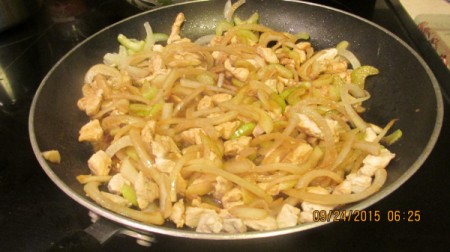 chicken, celery & onions in pan