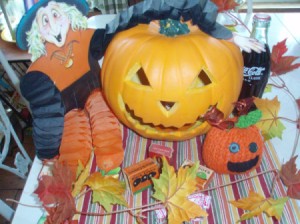 A Halloween decoration with a jack 'o lantern