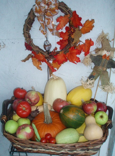 veggies from garden and fall wreath