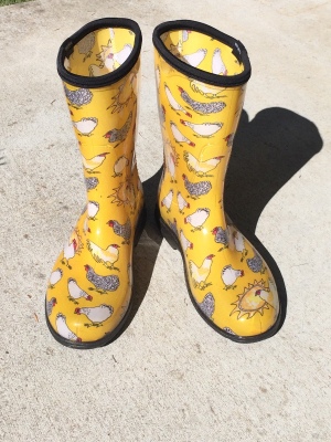 A pair of yellow boots on the ground.