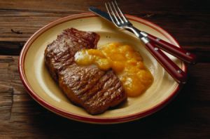 rump steak with yellow plum sauce