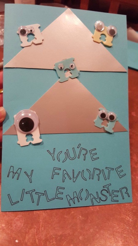 Googly eye monsters on the front of a card that says "You're my favorite little monster."