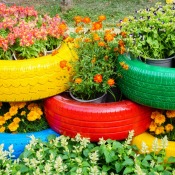 brightly colored tire planters