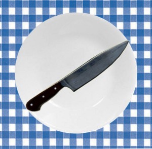 A Corelle plate used as a cutting board