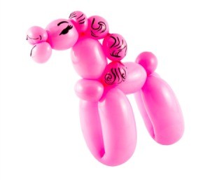 A pink horse made out of balloons.