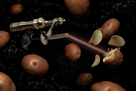 A space ship shooting potatoes with a laser beam.