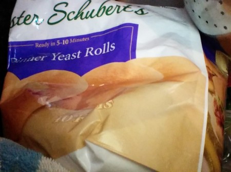 A bag of frozen dinner rolls.