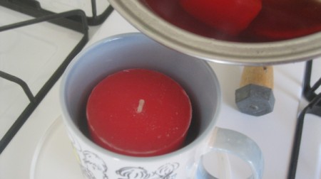 Teacup Candle- carefully pour melted wax around the candle in your cup