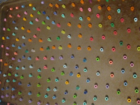 Melted Perler Beads - beads arranged on pan