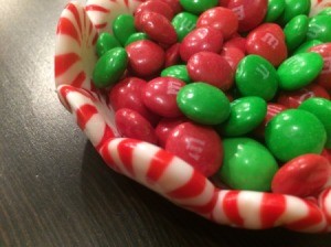 Peppermint Candy Bowls - closeup of bowl filled with red and green candies