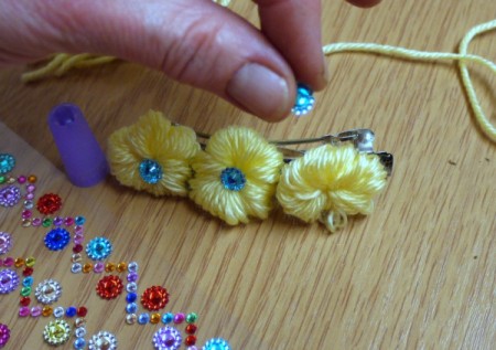 Yarn Flower Hair Clip - glue beads in center of flowers