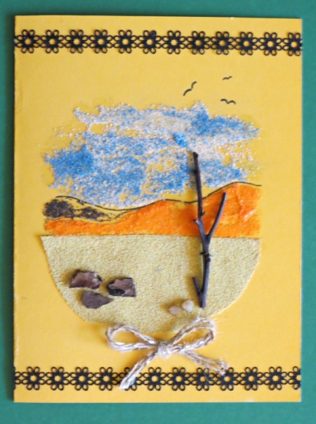 Desert Inspired Birthday Card - glue on a jute bow above bottom   lace tape strip