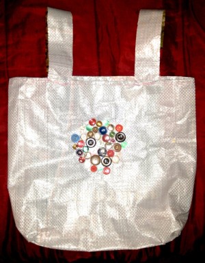 finished tote made from a dog food bag