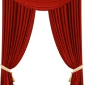 Red tieback curtains on a white background