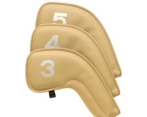 Three tan leather golf club covers against white background.  Covers are labelled 3, 4, and 5.
