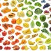 Small images of foods arranged by color against a while background.  Yellow foods like bananas, corn, squash, and yellow mellon are in the middle