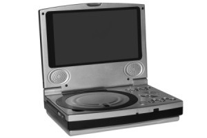 Silver portable DVD Player with LCD screen against a white background