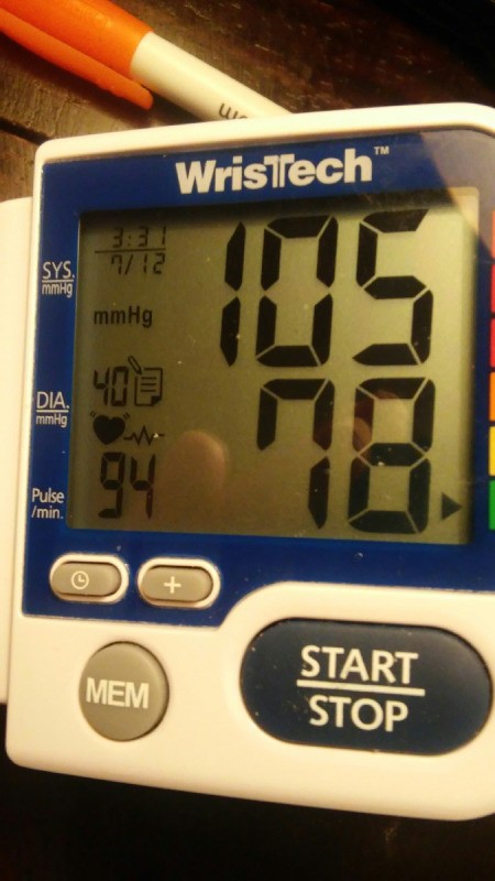A blood pressure reading of 105/78